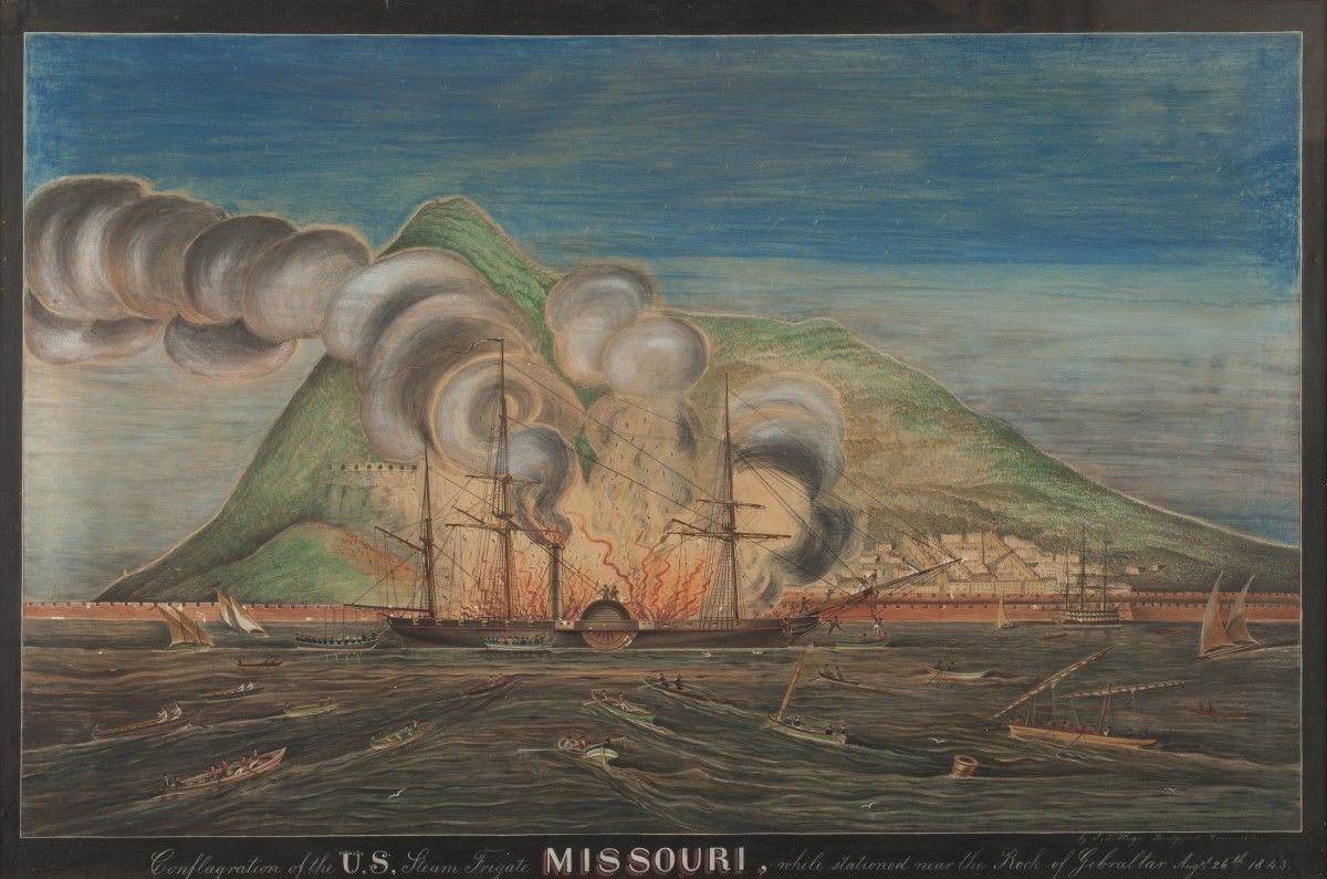 Jurgan Frederick Huge (1809-1878),Conflagration of the U.S. Steam Frigate “Missouri”, 1851, transparent and opaque watercolor on paper