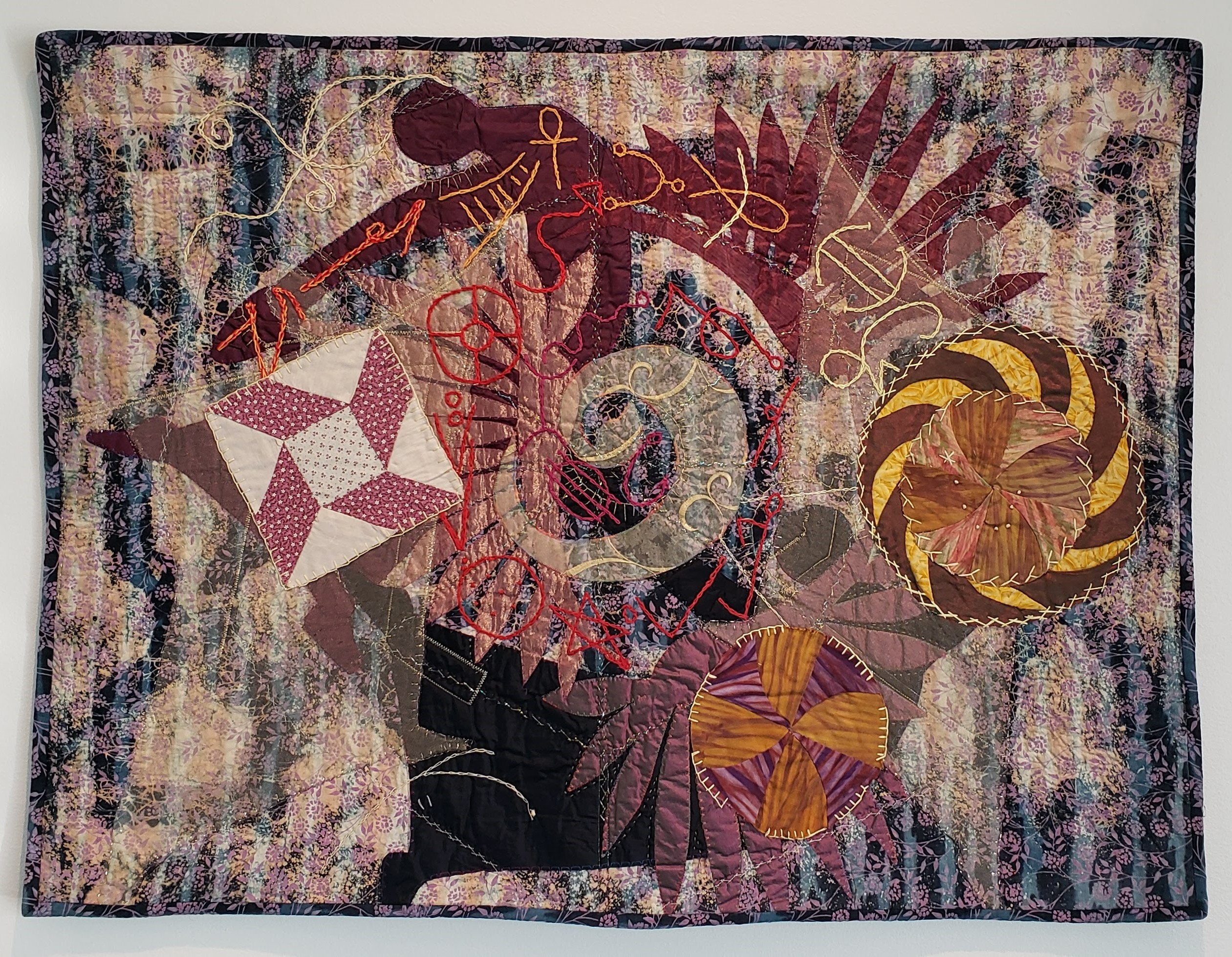 Tina Williams Brewer, "Whirling Dance and the Unconscious Rhythm," 2007, Discharged batik fabric, silk, taffeta, tulle, organza, domestic cotton, cotton embroidery floss, silk thread, invisible thread, metallic thread, hand embroidered, hand and machine quilted