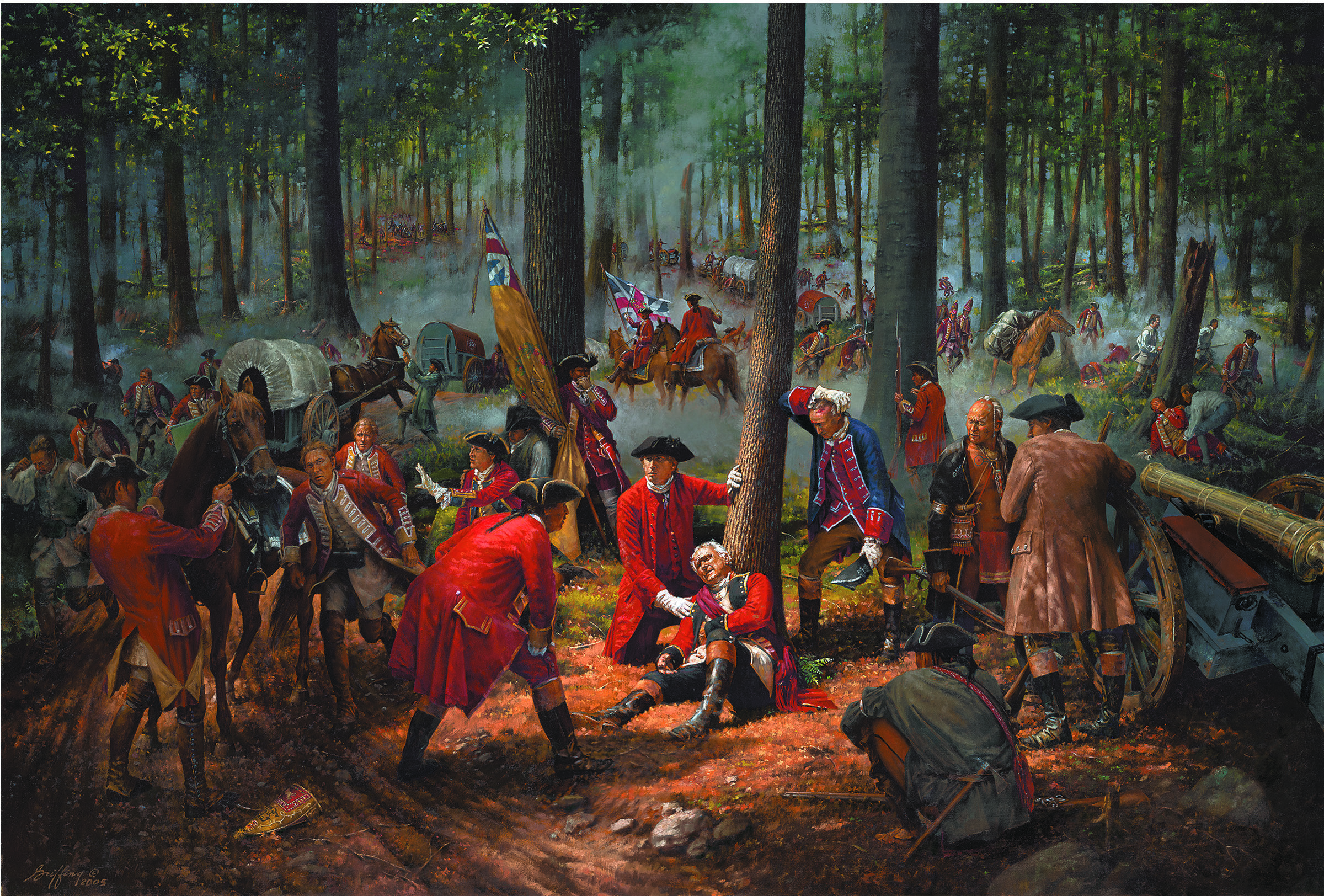 Robert Griffing (Linesville, PA 1940), The Wounding of General Braddock: Battle of the Monongahela 9 July 1755, 2005, Oil on Canvas, Gift of COLCOM Foundation.